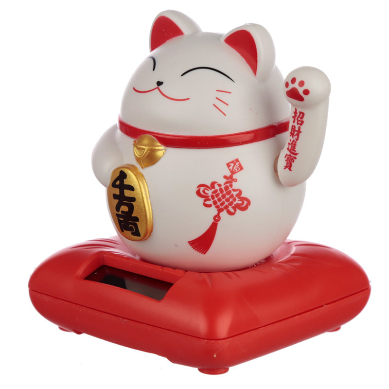 Waving Lucky Cat Solar Dashboard Pal - White