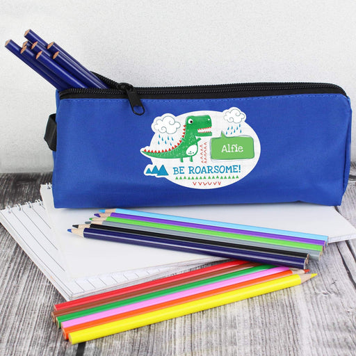 Personalised Be Roarsome Dinosaur Blue Pencil Case - Myhappymoments.co.uk