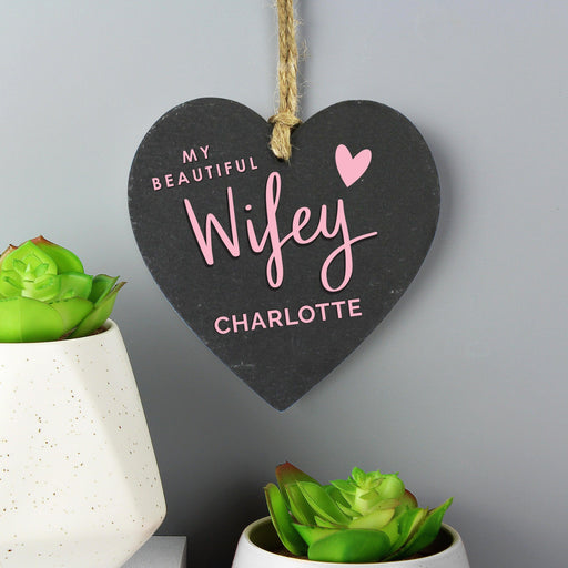 Personalised My Beautiful Wifey Slate Hanging Heart Decoration