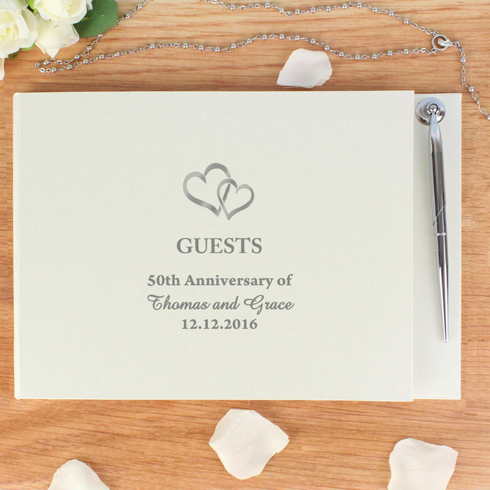 Personalised Hearts Design Wedding Hardback Guest Book & Pen
