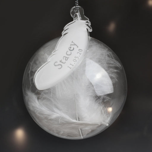 Personalised Name & Date White Feather Glass Bauble