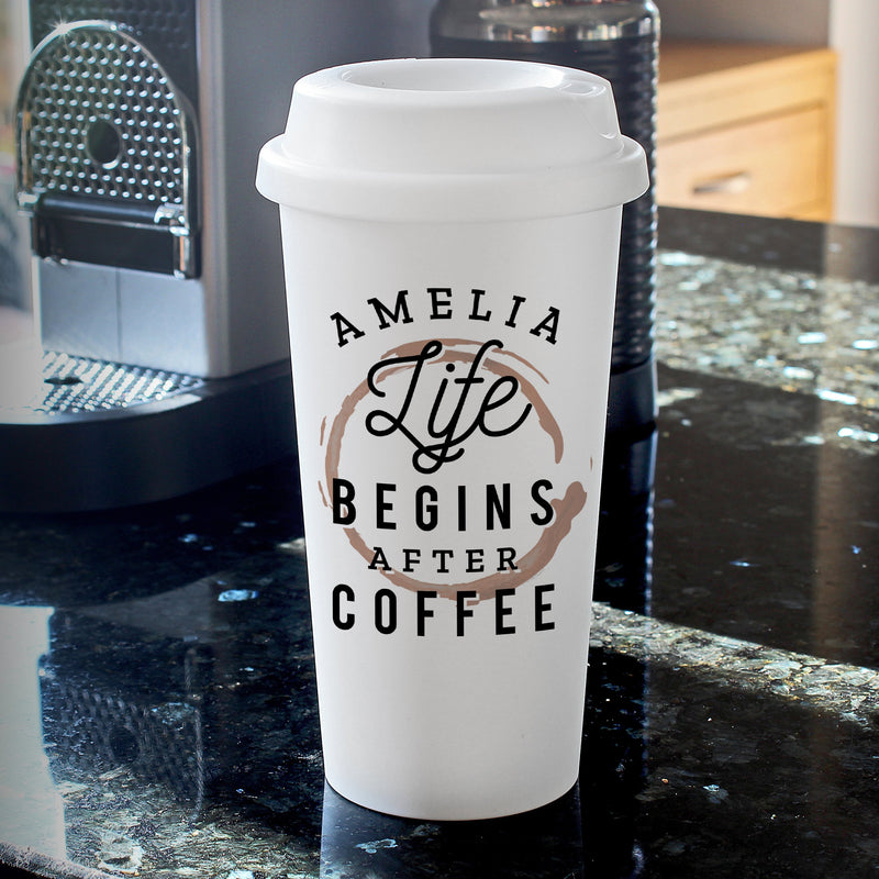 Personalised 'Life Begins After Coffee' Double walled Travel Mug