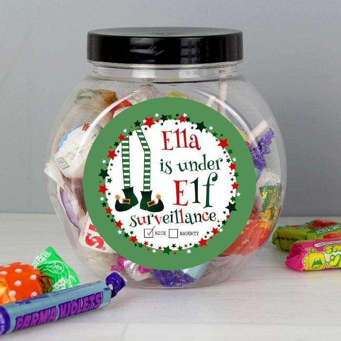 Personalised Under Elf Surveillance Christmas Sweet Jar - Myhappymoments.co.uk