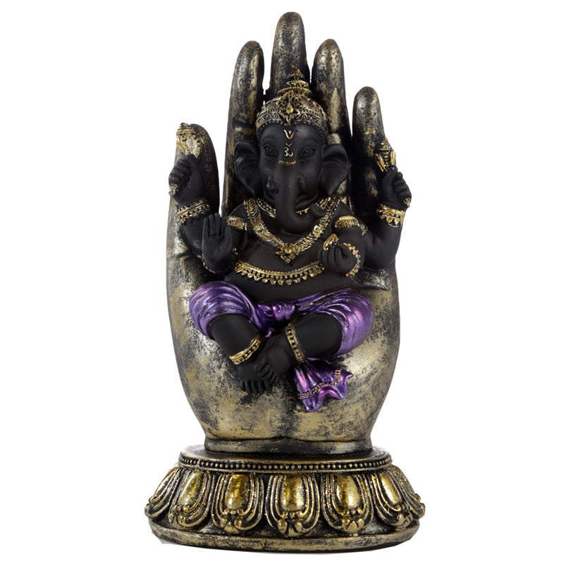 Purple, Gold and Black Ganesh Sitting in Buddha Hand Statue