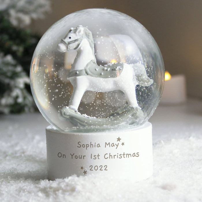 Personalised Rocking Horse Glitter Snow Globe - First Christmas & Christening Gift
