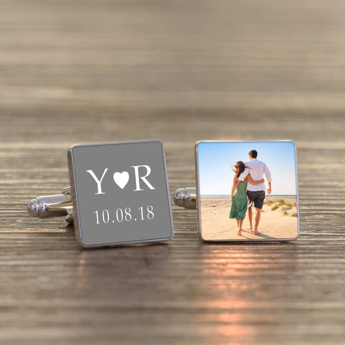 Personalised Groom Cufflinks - Initials Date Photo