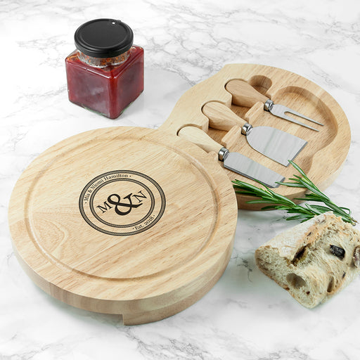 Personalised Monogram Couple Round Cheese Board with Knives - Myhappymoments.co.uk