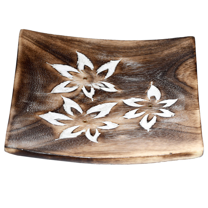 Mango Wood Square Carved Flowers Ashcatcher Incense Sticks Burner