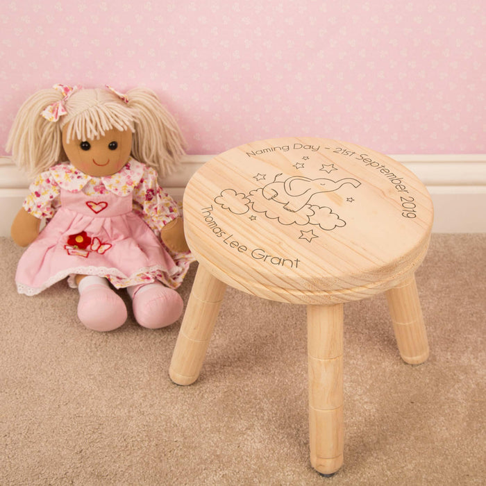 Personalised Children’s Laser Engraved Elephant in Clouds Wooden Stool