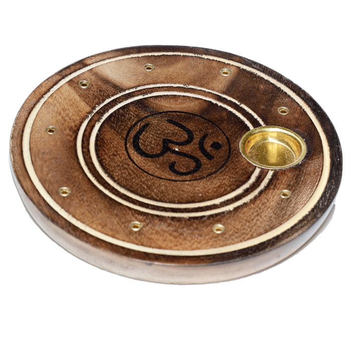 Mango Wood Round Om Ashcatcher Incense Sticks & Cones Burner