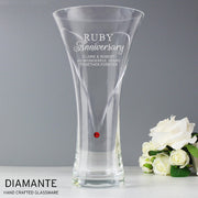 Engraved Ruby Anniversary Large Hand Cut Diamante Heart Vase