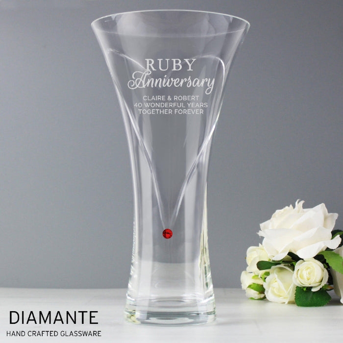 Engraved Ruby Anniversary Large Hand Cut Diamante Heart Vase