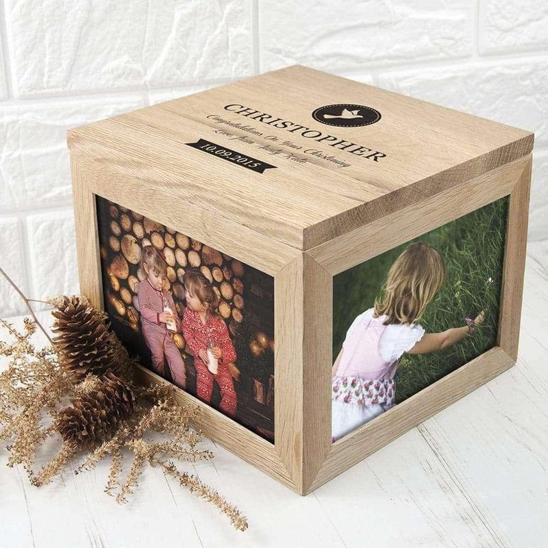 Personalised Christening Oak Photo Cube Wooden Keepsake Box