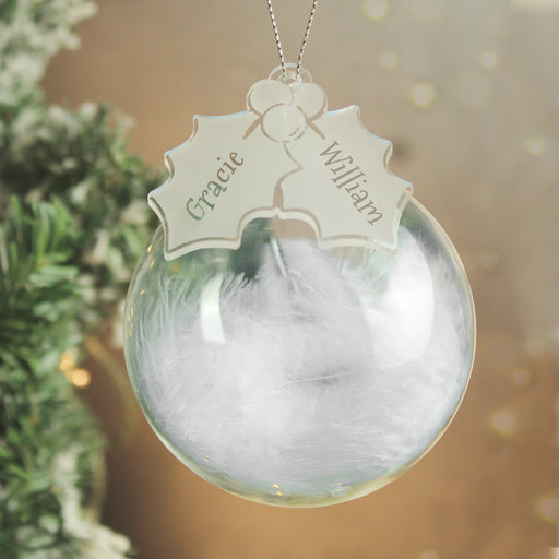 Personalised Holly Acrylic White Feather Glass Bauble