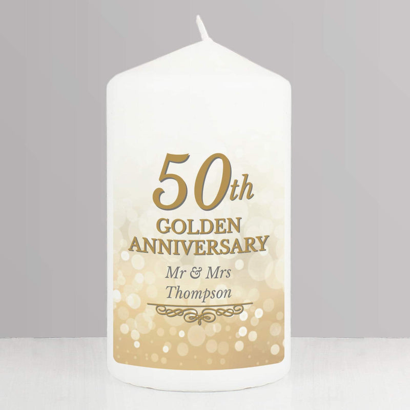 Personalised 50th Golden Anniversary Pillar Candle