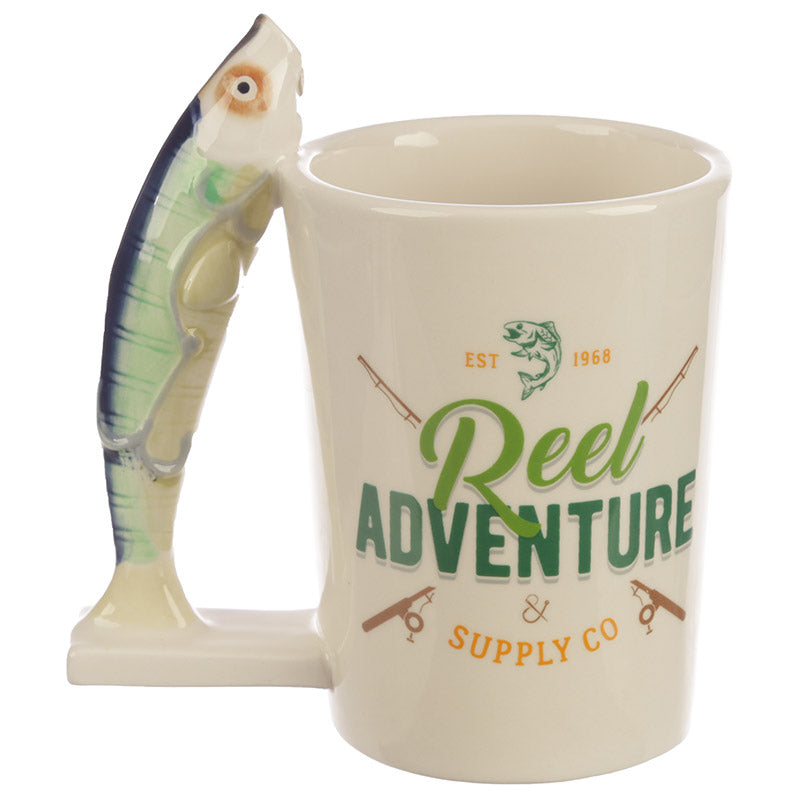 Reel Adventure Fishing Shaped Handle Mug with Fish and Hook - Myhappymoments.co.uk