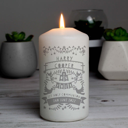 Personalised Grey Papercut Style 1st Holy Communion Pillar Candle