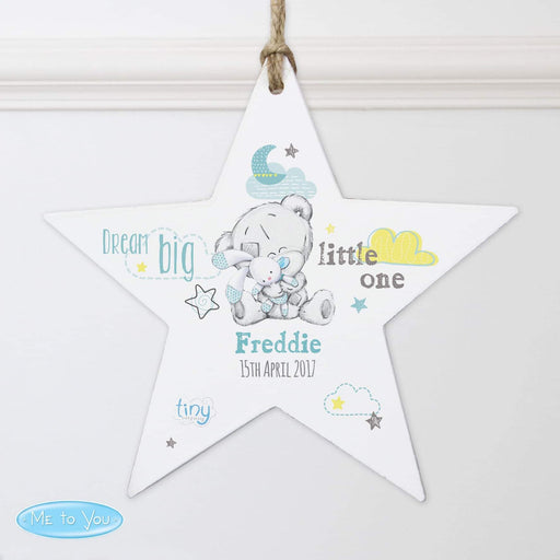 Personalised Tiny Tatty Teddy Dream Big Blue Wooden Star Decoration - Myhappymoments.co.uk