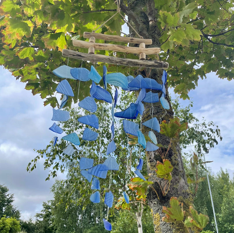 Three Stick Recycled Glass Driftwood Wind Chime - All Blues