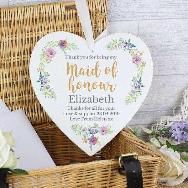 Personalised Thank You For Being My Maid Of Honour Wedding 22cm Large Wooden Heart Decoration - Myhappymoments.co.uk