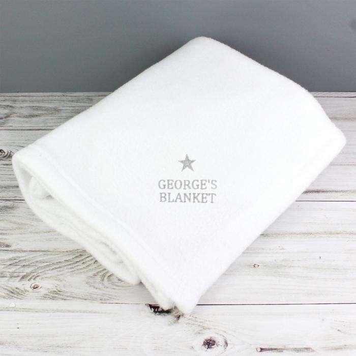 Personalised Silver Star White Baby Blanket - Myhappymoments.co.uk