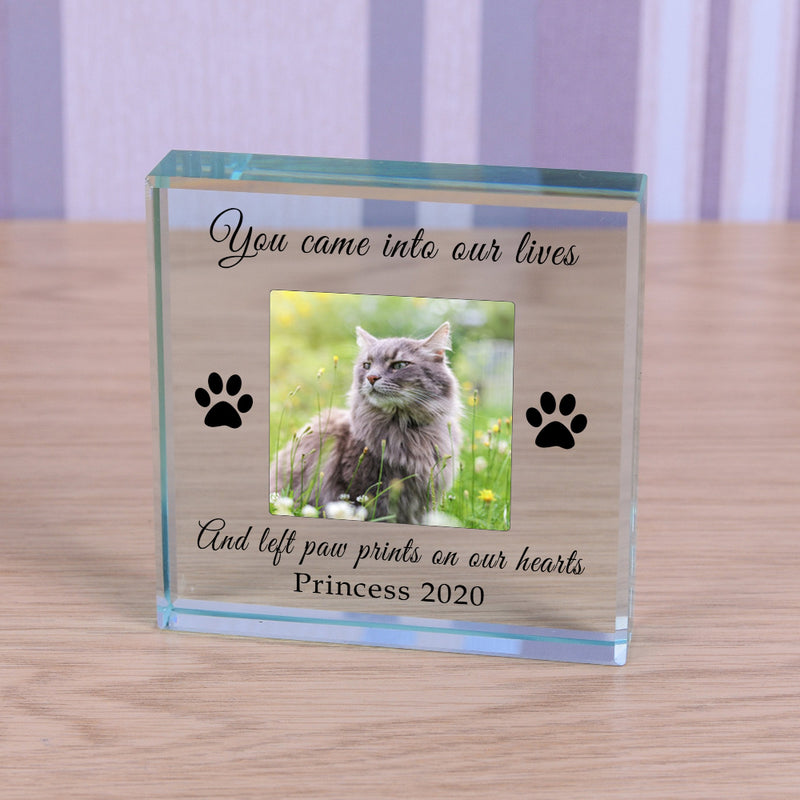 Personalised Paw Prints On Our Hearts Cat Memorial Glass Block
