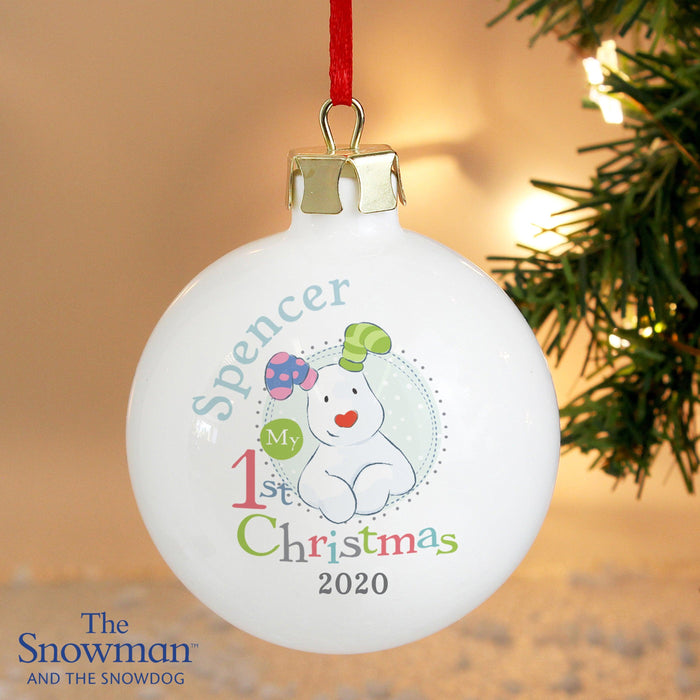 Personalised The Snowman and the Snowdog My 1st Christmas Blue Bauble - Myhappymoments.co.uk
