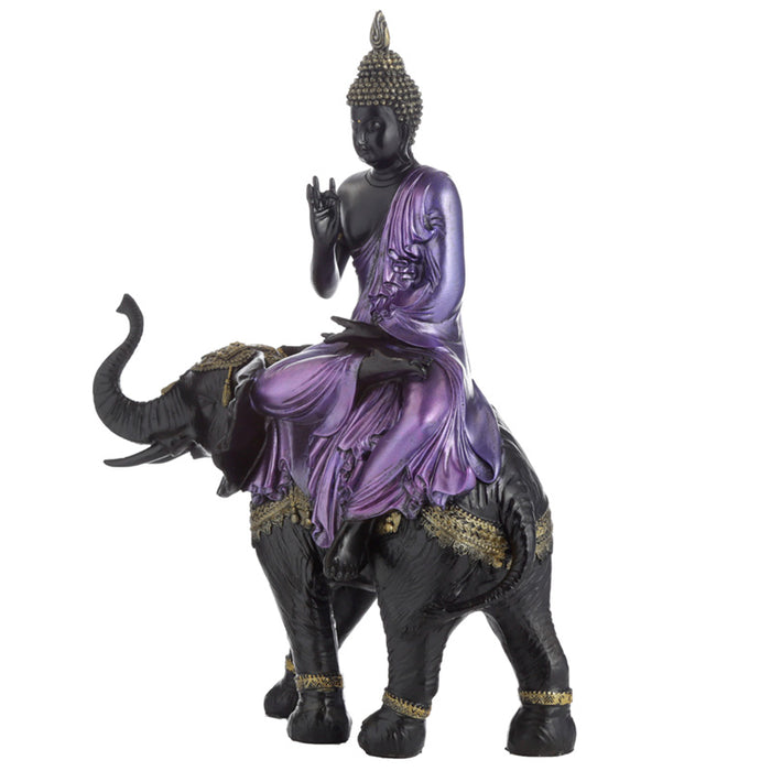 Purple, Gold and Black Large Thai Buddha Riding Elephant Figurine