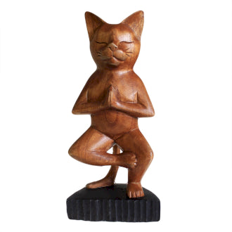 Hand Carved Yoga Cat - One Leg