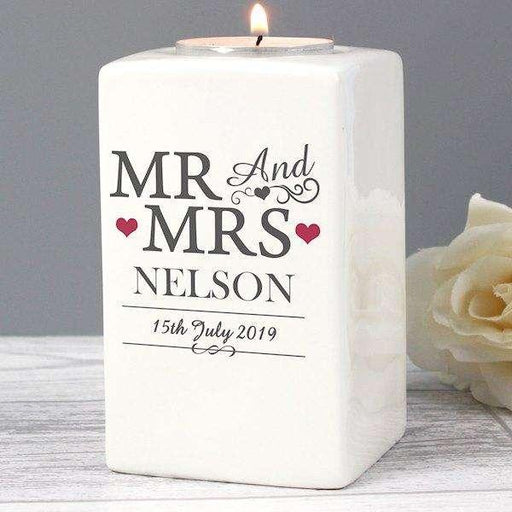 Personalised Mr & Mrs Ceramic Tea Light Candle Holder - Myhappymoments.co.uk