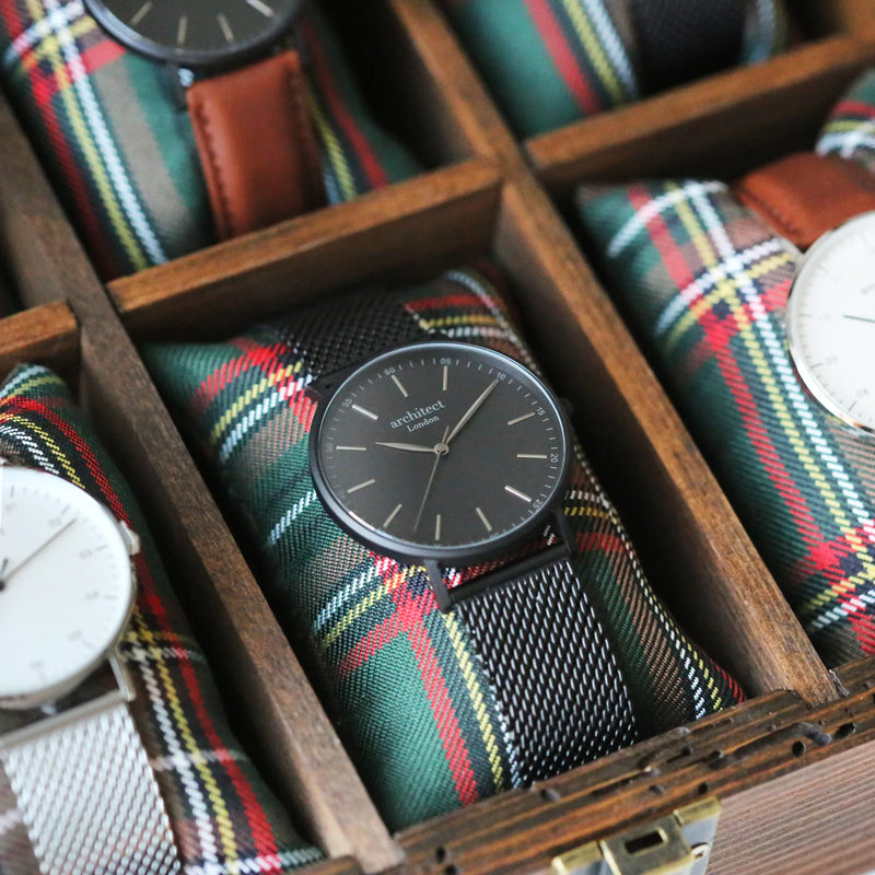 Personalised Men's Architect Minimalist Watch With Pitch Black Mesh Strap