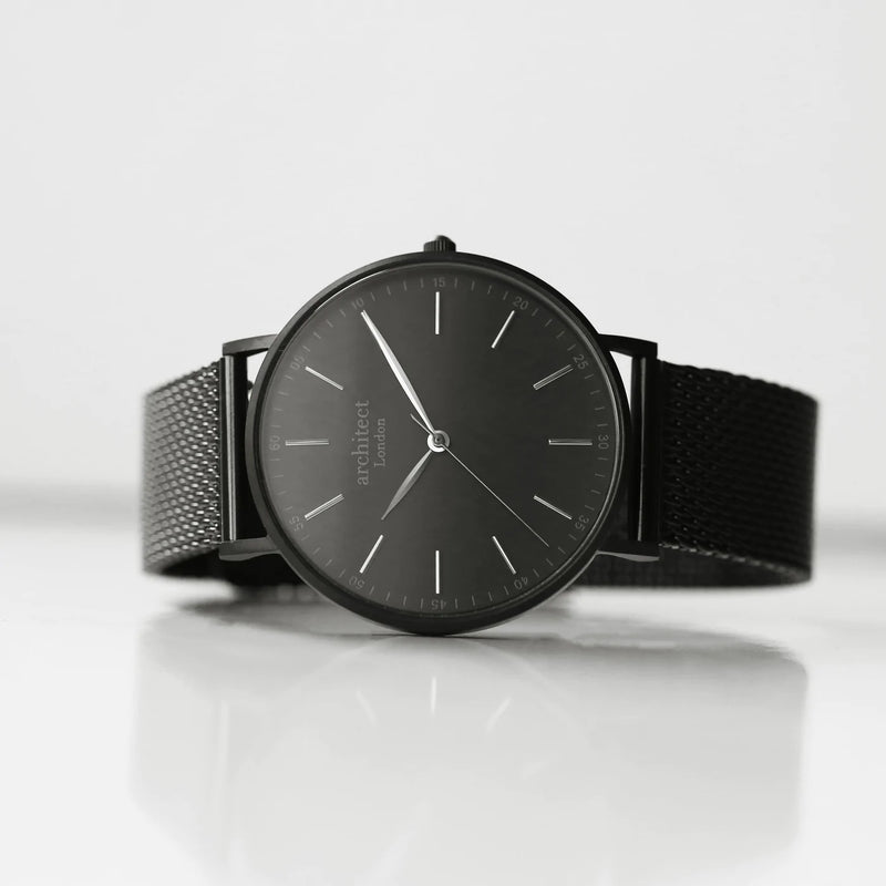 Handwriting Engraving Men's Architect Minimalist Watch With Pitch Black Mesh Strap
