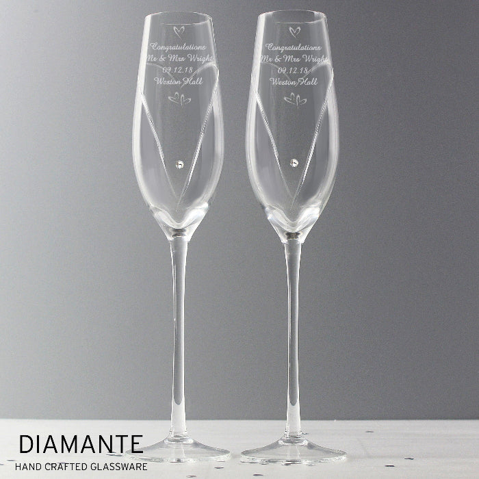 Personalised Wedding Champagne Flutes with Crystal Elements Glasses