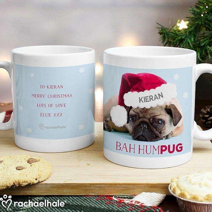 Personalised Rachael Hale Christmas Bah Hum Pug Mug - Myhappymoments.co.uk