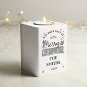 Personalised Merry & Bright Christmas White Wooden Tea light Holder