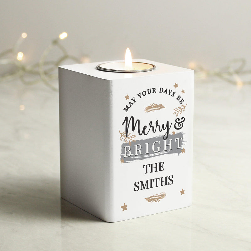 Personalised Merry & Bright Christmas White Wooden Tea light Holder