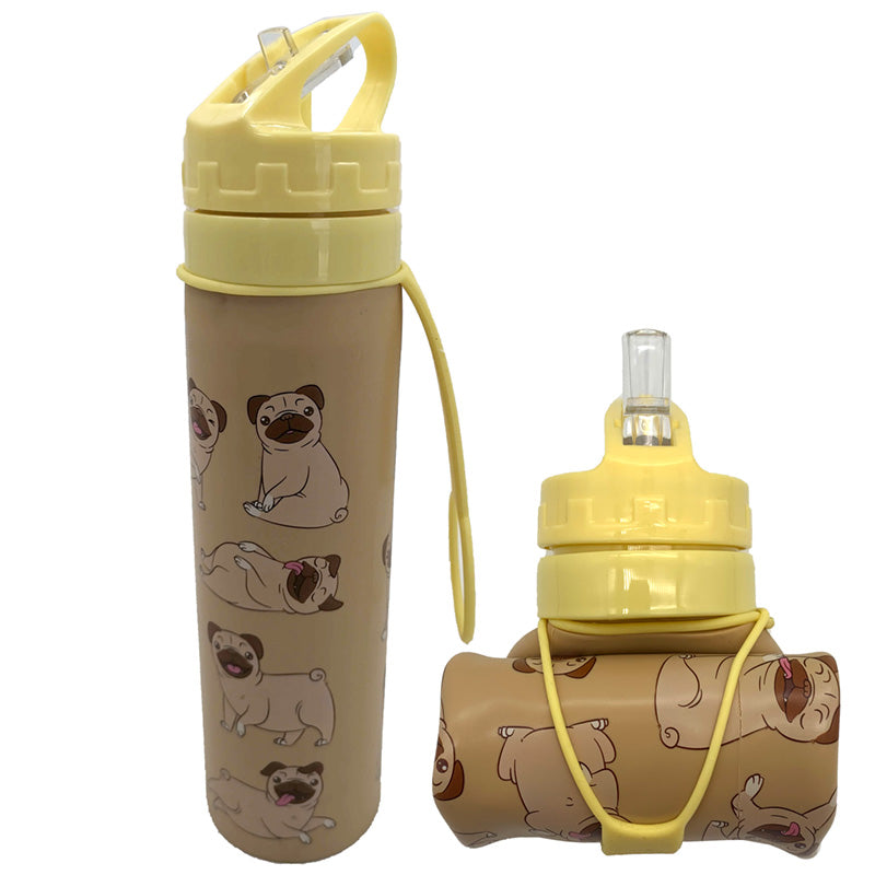 Mopps Pug Reusable Foldable Silicone Flip Straw Water Bottle 600ml