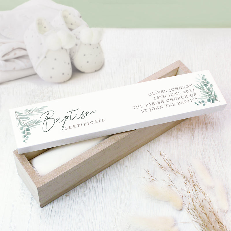 Personalised Botanical Baptism Wooden Certificate Holder
