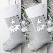 Personalised Polar Bear Luxury Silver Grey Christmas Stocking