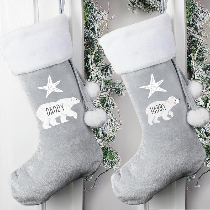 Personalised Polar Bear Luxury Silver Grey Christmas Stocking