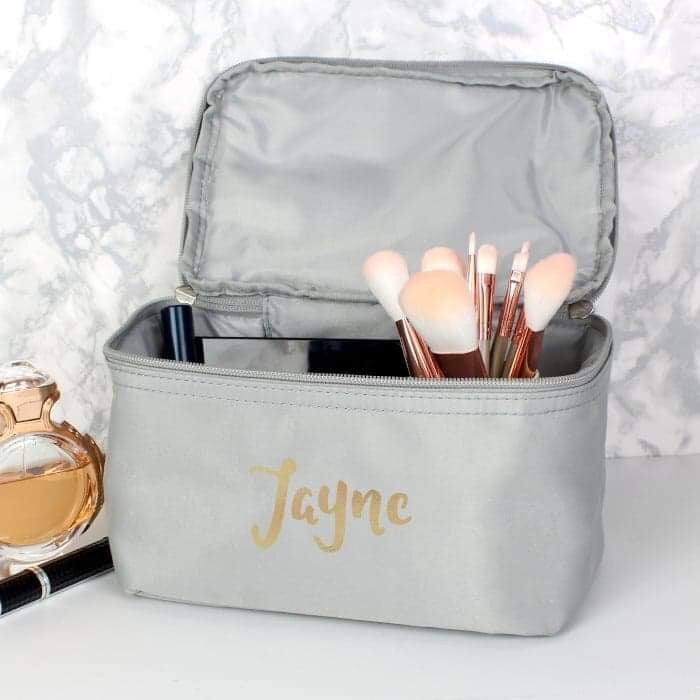 Personalised Gold Name Grey Make Up Wash Bag - Myhappymoments.co.uk
