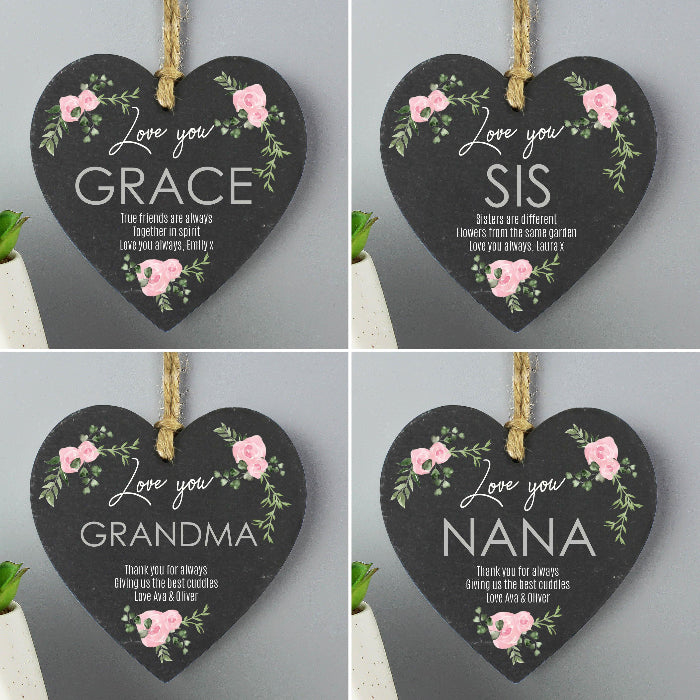 Personalised Abstract Rose Printed Slate Heart Decoration