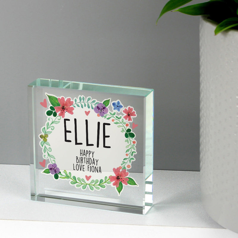 Personalised Floral Crystal Glass Block