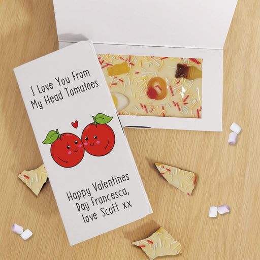 Personalised I Love You From My Head Tomatoes White Chocolate Card