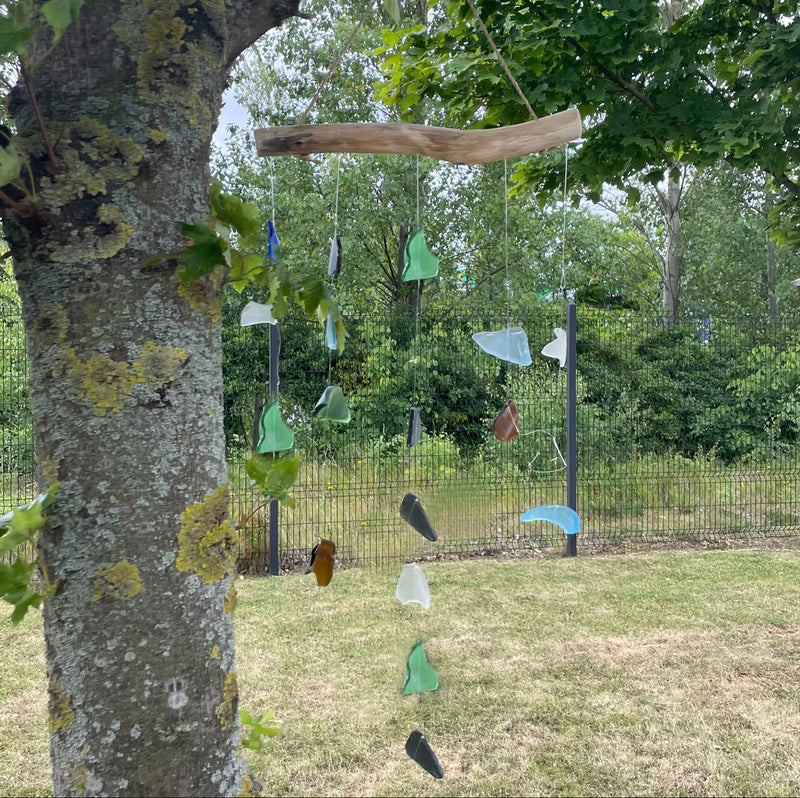 Simple Hanging Five Strings Recycled Glass Driftwood Wind Chime - Multi