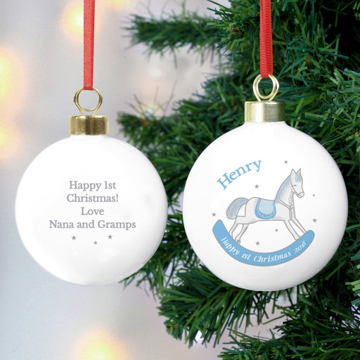 Personalised 1st Christmas Blue Rocking Horse Bauble - Myhappymoments.co.uk