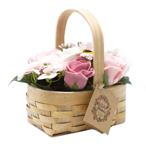 Pink Soap Flower Bouquet in Wicker Basket
