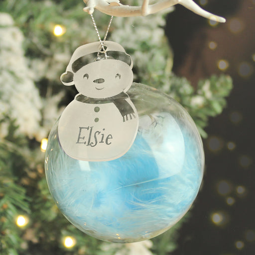 Personalised Snowman Acrylic Blue Feather Glass Bauble