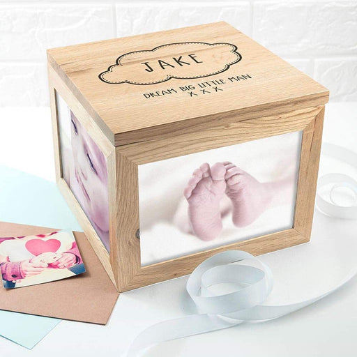 Personalised Baby Name In Cloud Oak Photo Keepsake Box - Myhappymoments.co.uk