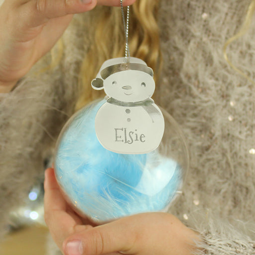 Personalised Snowman Acrylic Blue Feather Glass Bauble